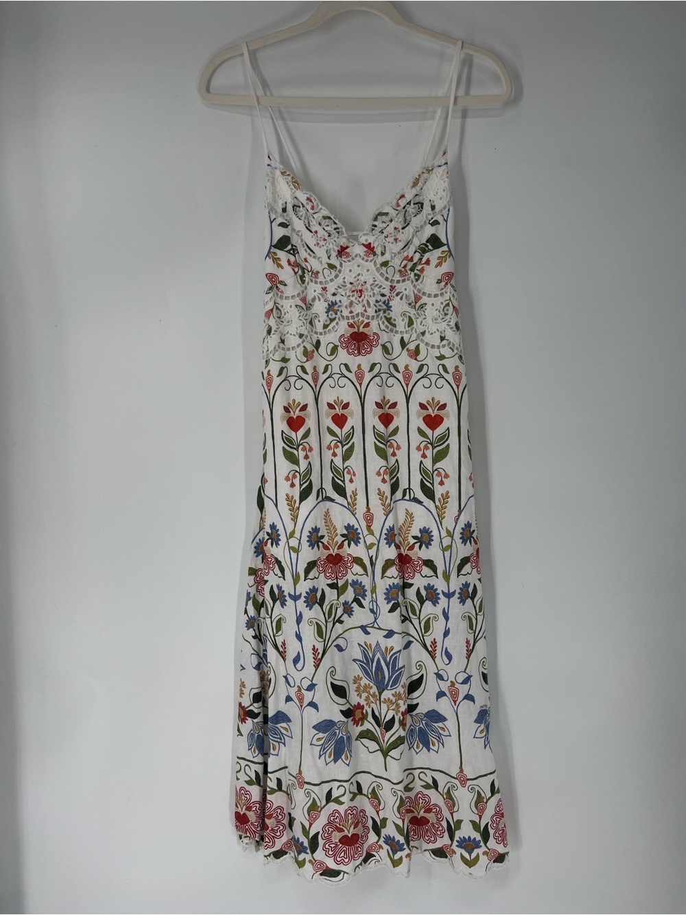 Farm Rio White Floral Linen Blend Lace Sweetheart Strappy Tropical Midi Dress M